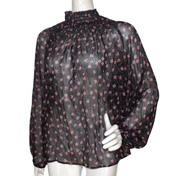 ELIZABETH & JAMES Blouse, L, Sheer Black/Pink Floral, Smocked Neck, Long sleeeve - Picture 4 of 12